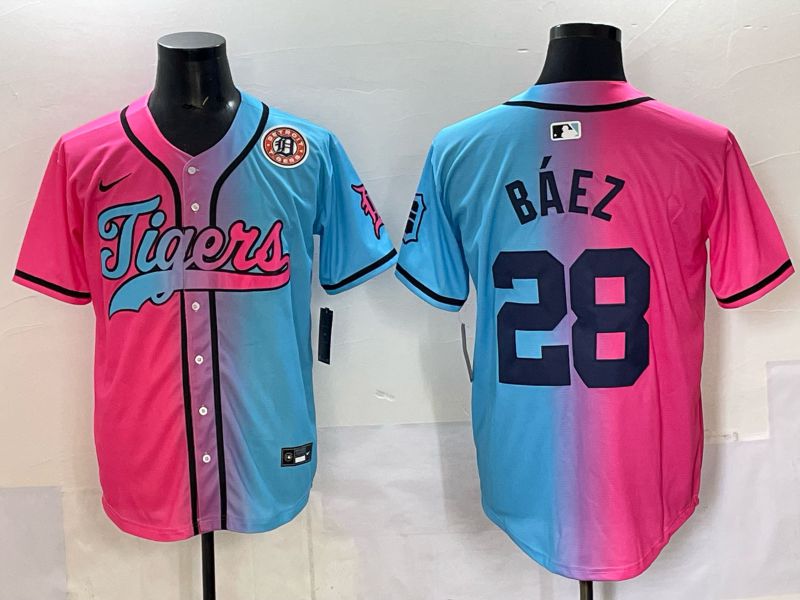 Men 2025 Detroit Tigers #28 Baez Blue pink Game Nike MLB Jersey style 07